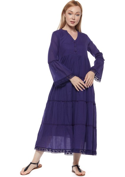 Şile Bezi Uzun Kollu Mor Düğmeli Elbise