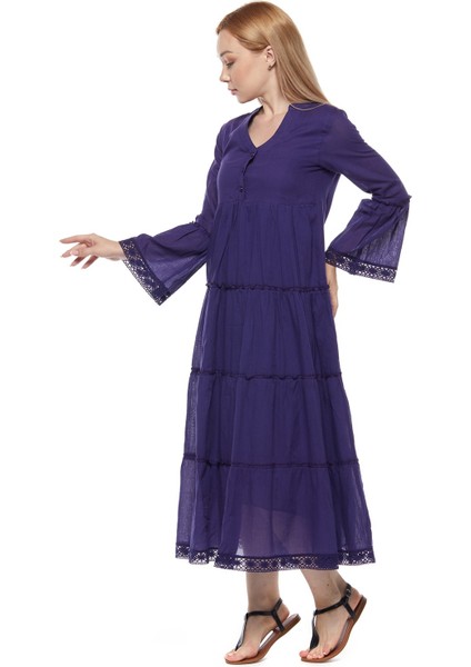 Şile Bezi Uzun Kollu Mor Düğmeli Elbise fiyatları