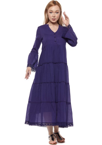 Şile Bezi Uzun Kollu Mor Düğmeli Elbise modelleri