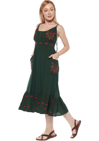 Şile Bezi Yeşil Otantik Askılı Nakışlı Elbise fiyatları