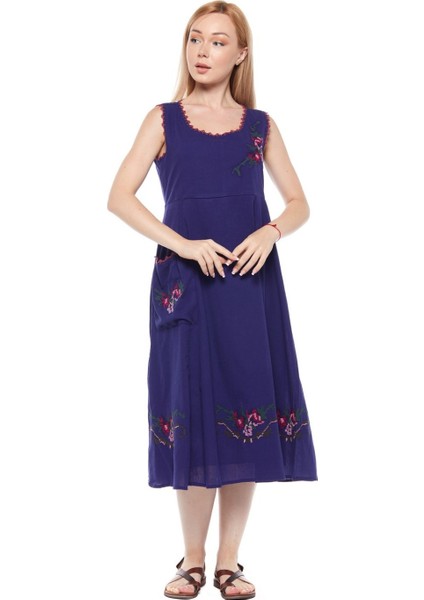 Şile Bezi Mor Kolsuz Nakışlı Elbise fiyatları