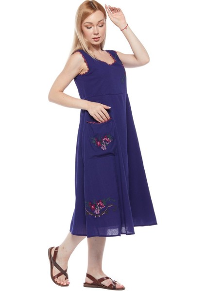 Şile Bezi Mor Kolsuz Nakışlı Elbise modelleri