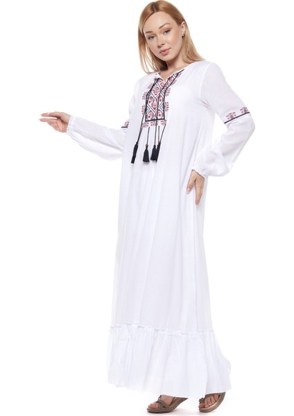 Şile Bezi Beyaz Uzun Kollu Püsküllü Elbise fiyatları