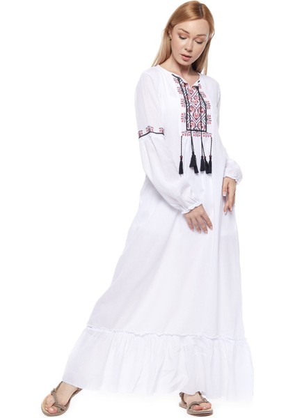 Şile Bezi Beyaz Uzun Kollu Püsküllü Elbise modelleri