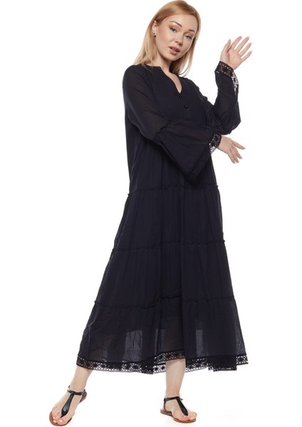 Şile Bezi Uzun Kollu Siyah Düğmeli Elbise fiyatları