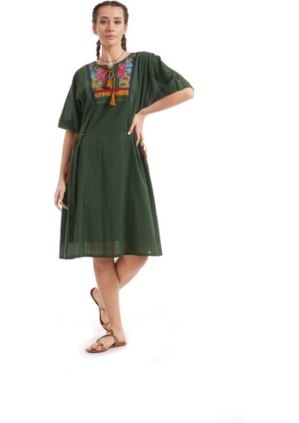 Şile Bezi Yeşil Kısa Kol Otantik Yamalı Elbise