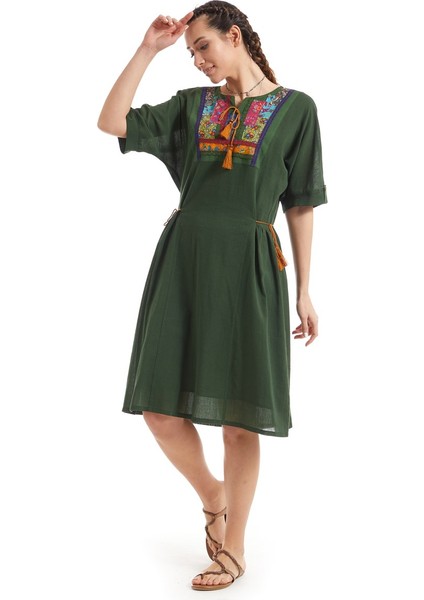 Şile Bezi Yeşil Kısa Kol Otantik Yamalı Elbise fiyatları