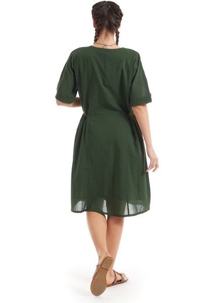 Şile Bezi Yeşil Kısa Kol Otantik Yamalı Elbise fırsatları