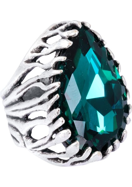 Kadın Antik Gümüş Kaplama Yeşil Renk Swarovski Taş Detaylı Ayarlanabilir Damla Formlu Yüzük