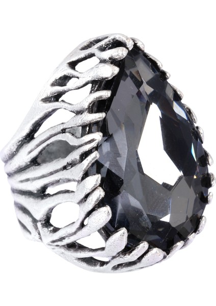 Kadın Antik Gümüş Kaplama Yeşil Renk Swarovski Taş Detaylı Ayarlanabilir Damla Formlu Yüzük