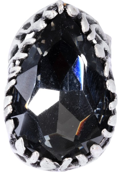 Kadın Antik Gümüş Kaplama Yeşil Renk Swarovski Taş Detaylı Ayarlanabilir Damla Formlu Yüzük