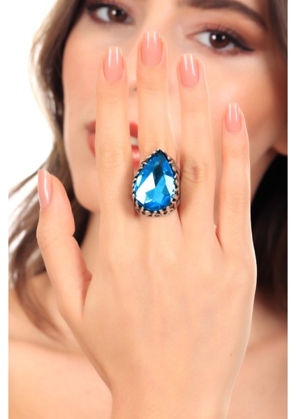Kadın Antik Gümüş Kaplama Yeşil Renk Swarovski Taş Detaylı Ayarlanabilir Damla Formlu Yüzük fiyatları