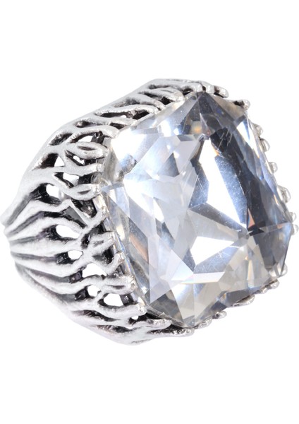 Kadın Antik Gümüş Kaplama Beyaz Renk Swarovski Taş Detaylı Ayarlanabilir Kare Formlu Yüzük