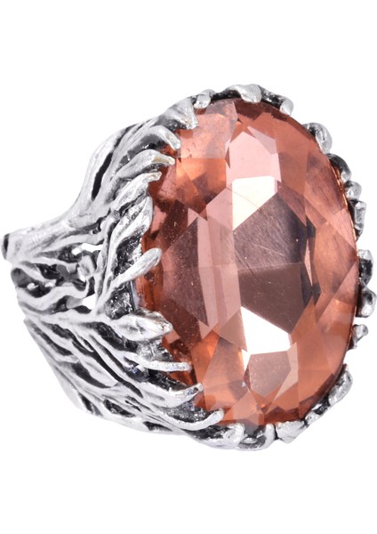 Kadın Antik Gümüş Kaplama Fuşya Renk Swarovski Taş Detaylı Ayarlanabilir Oval Formlu Yüzük