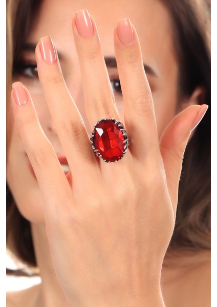 Kadın Antik Gümüş Kaplama Fuşya Renk Swarovski Taş Detaylı Ayarlanabilir Oval Formlu Yüzük