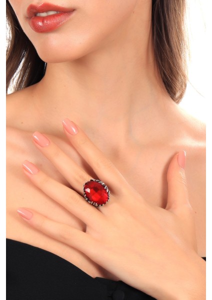 Kadın Antik Gümüş Kaplama Fuşya Renk Swarovski Taş Detaylı Ayarlanabilir Oval Formlu Yüzük fiyatları