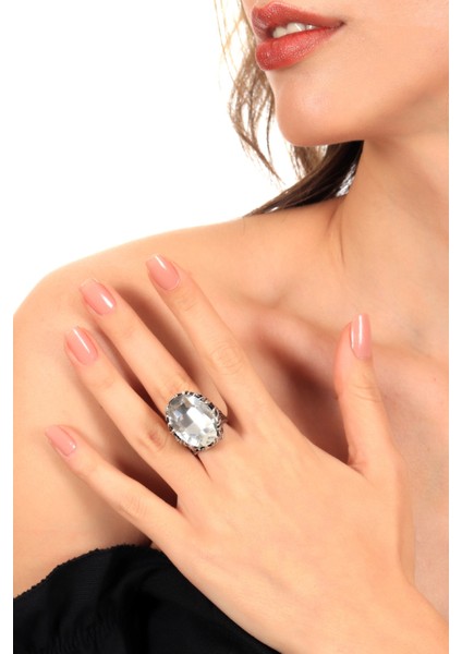 Kadın Antik Gümüş Kaplama Fuşya Renk Swarovski Taş Detaylı Ayarlanabilir Oval Formlu Yüzük