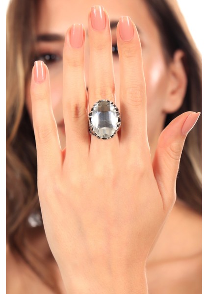 Kadın Antik Gümüş Kaplama Fuşya Renk Swarovski Taş Detaylı Ayarlanabilir Oval Formlu Yüzük