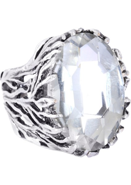 Kadın Antik Gümüş Kaplama Fuşya Renk Swarovski Taş Detaylı Ayarlanabilir Oval Formlu Yüzük