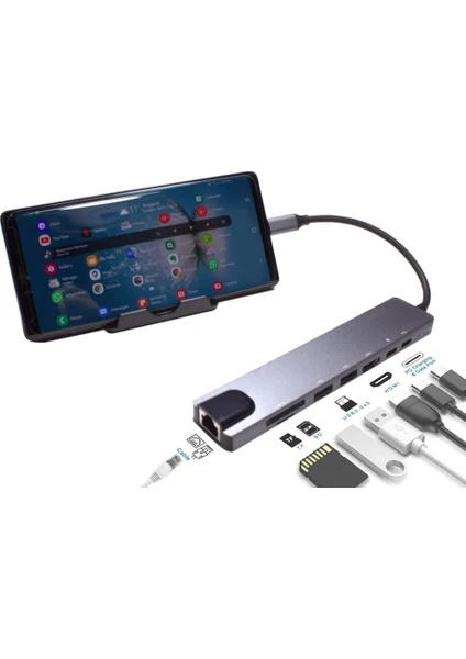 8in1 Type-C USB 3.0 Hub HDMI Ethernet Mikro Sdtf Otg Adaptörü