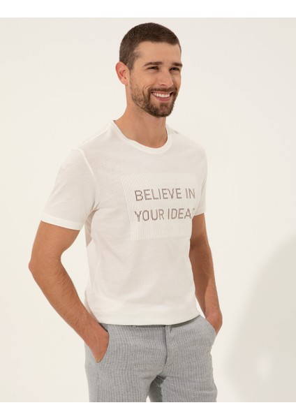 Erkek Ekru Slim Fit Bisiklet Yaka Tişört 50249350-VR019