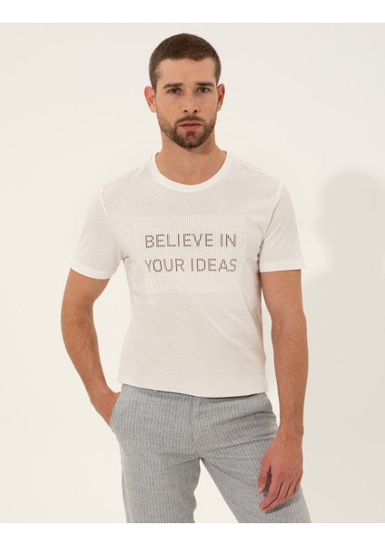 Erkek Ekru Slim Fit Bisiklet Yaka Tişört 50249350-VR019