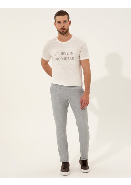 Erkek Ekru Slim Fit Bisiklet Yaka Tişört 50249350-VR019
