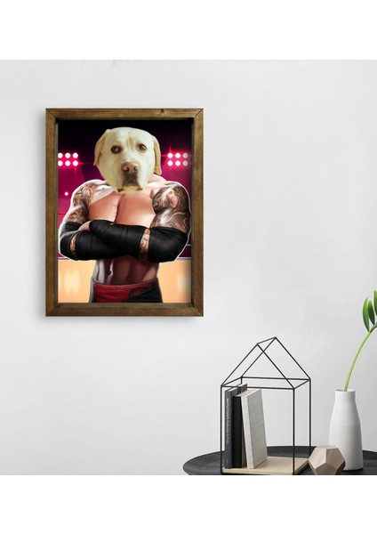 Evcil Dostlara Özel Wrestle Tasarımlı Portre Doğal Masif Ahşap Çerçeveli Tablo 45X65CM-1
