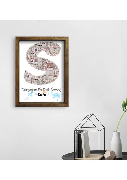 Kişiye Özel Bebek Harf Tasarımlı 10 Fotoğraflı Doğal Masif Ahşap Çerçeveli Kolaj Tablo 45X65CM-1