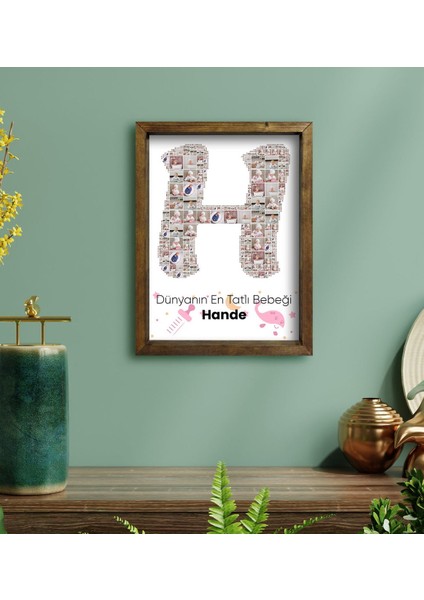 Kişiye Özel Bebek Harf Tasarımlı 10 Fotoğraflı Doğal Masif Ahşap Çerçeveli Kolaj Tablo 45X65CM-1 fiyatları