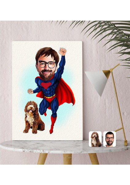 Kişiye Özel Evcil Dost ve Süper Adam Karikatürlü Kanvas Tablo 30X50CM-10