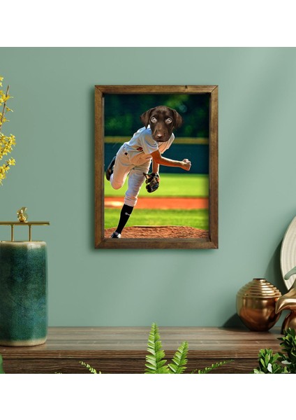 Evcil Dostlara Özel Beyzbol Oyuncusu Tasarımlı Portre Doğal Masif Ahşap Çerçeveli Tablo 30X40CM-7