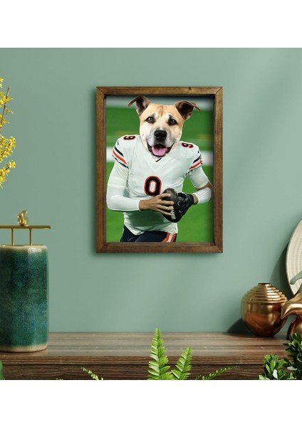 Evcil Dostlara Özel Amerikan Futbolcusu Tasarımlı Portre Doğal Masif Ahşap Çerçeveli Tablo 30X40CM-3