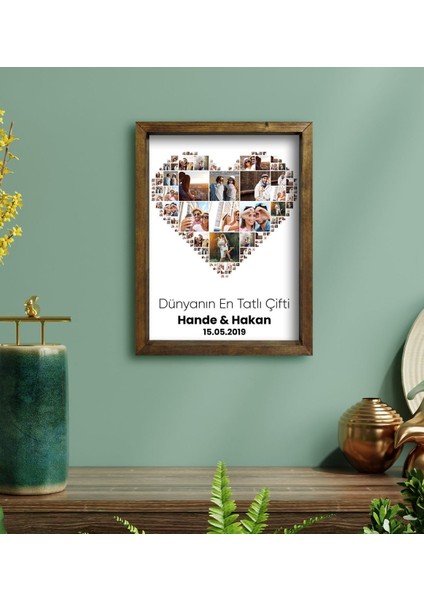 Kişiye Özel Sevgili Kalp Tasarımlı 10 Fotoğraflı Doğal Masif Ahşap Çerçeveli Kolaj Tablo 30X40CM-1