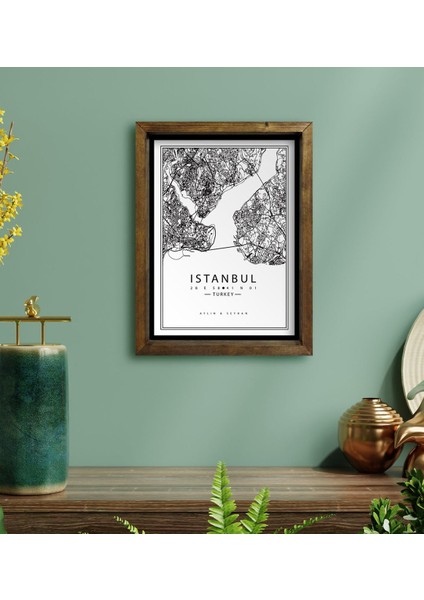 Kişiye Özel Istanbul Haritası Tasarımlı Doğal Masif Ahşap Çerçeveli Tablo 30X40CM-1