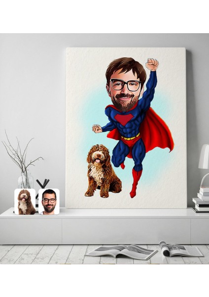 Kişiye Özel Evcil Dost ve Süper Adam Karikatürlü Kanvas Tablo 50X70CM-10