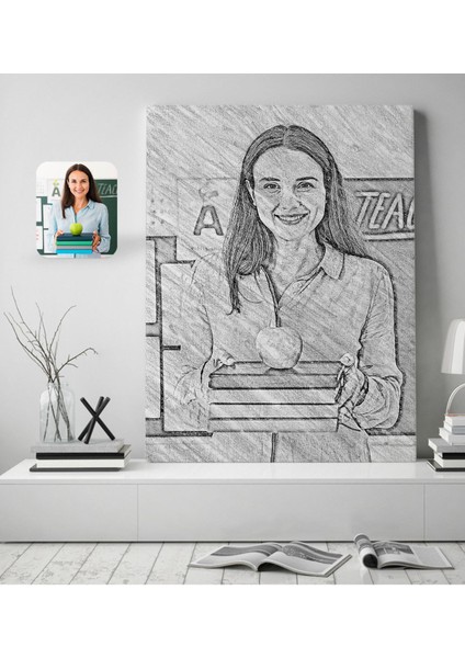 Kişiye Özel Kadın Öğretmen Karakalem Tasarımlı Kanvas Tablo 50X70CM-1