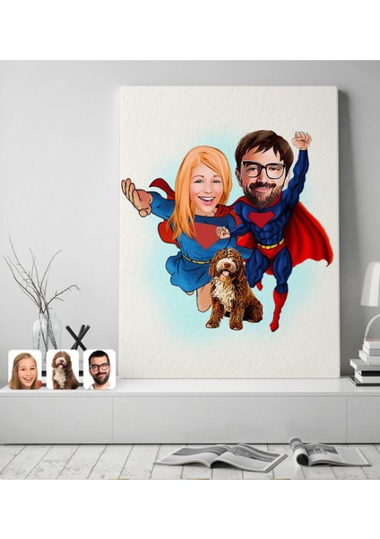 Kişiye Özel Evcil Dost ve Süper Sevgililer Karikatürlü Kanvas Tablo 50X70CM-1