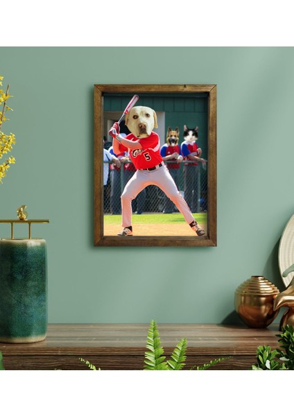 Evcil Dostlara Özel Beyzbol Oyuncusu Tasarımlı Portre Doğal Masif Ahşap Çerçeveli Tablo 30X40CM-3