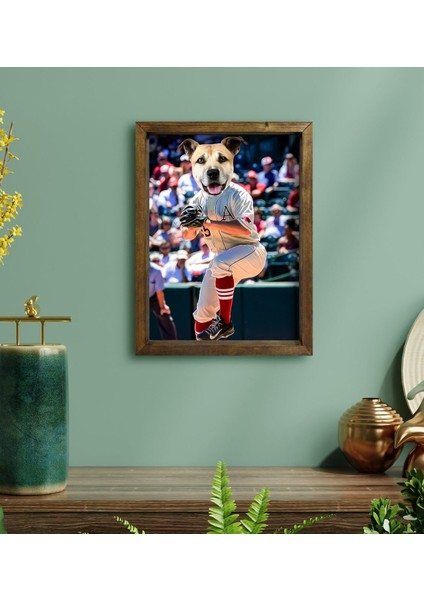 Evcil Dostlara Özel Beyzbol Oyuncusu Tasarımlı Portre Doğal Masif Ahşap Çerçeveli Tablo 30X40CM-2