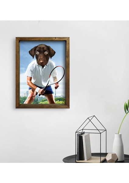 Evcil Dostlara Özel Tenis Oyuncusu Tasarımlı Portre Doğal Masif Ahşap Çerçeveli Tablo 45X65CM-3