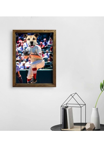 Evcil Dostlara Özel Beyzbol Oyuncusu Tasarımlı Portre Doğal Masif Ahşap Çerçeveli Tablo 45X65CM-2