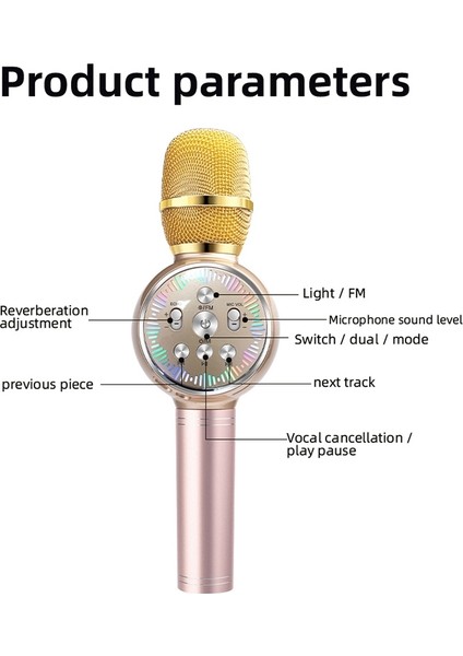 Karaoke Renkli Işıklar Wireses Bluetooth Mikrofon Gül Altın (Yurt Dışından)