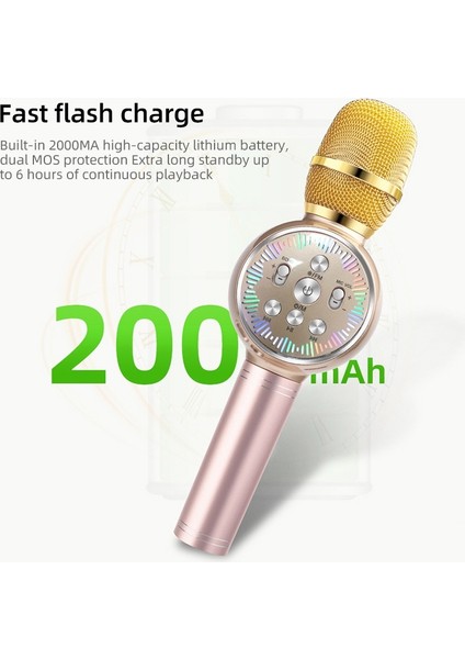 Karaoke Renkli Işıklar Wireses Bluetooth Mikrofon Gül Altın (Yurt Dışından)