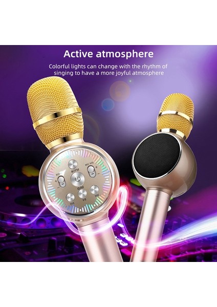 Karaoke Renkli Işıklar Wireses Bluetooth Mikrofon Gül Altın (Yurt Dışından)