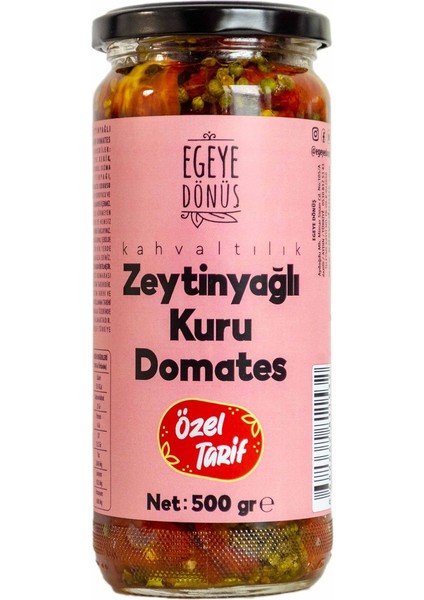 Ev Yapımı Naturel Sızma Zeytinyağlı Bilye Dağ Kekikli Kahvaltılık Kuru Domates Cam KAVANOZ-500 Gr.
