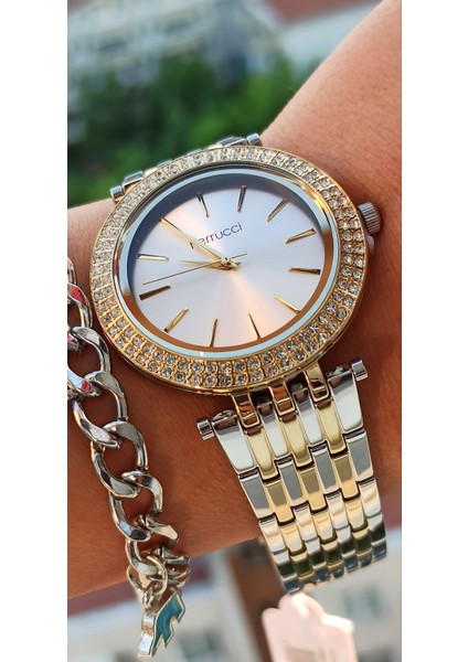 Çift Renkli Kadın Taşlı Kol Saati Bileklik Hediyeli