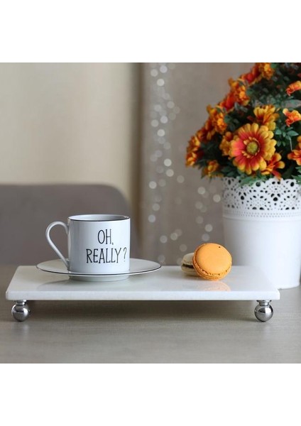 Mermer Beyaz 30 x 20 cm Gümüş Boncuk Ayaklı Sunum Tabağı