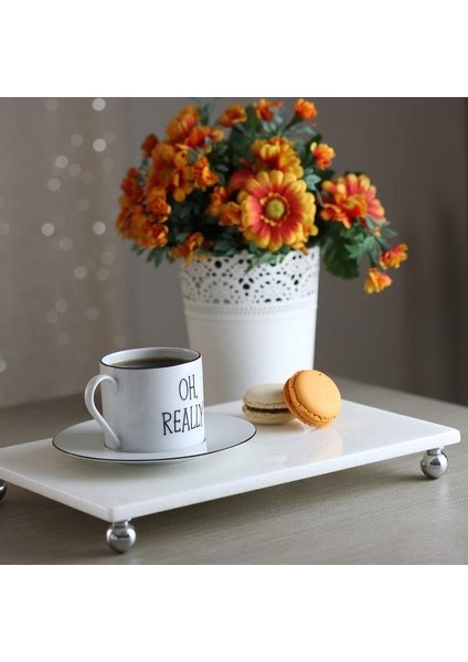 Mermer Beyaz 30 x 20 cm Gümüş Boncuk Ayaklı Sunum Tabağı fiyatları