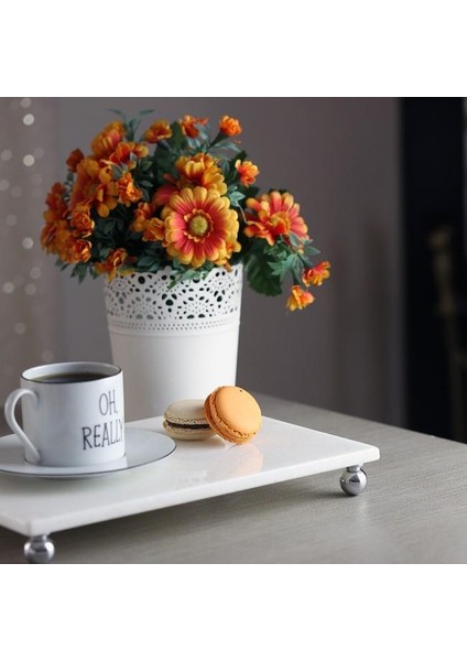 Mermer Beyaz 30 x 20 cm Gümüş Boncuk Ayaklı Sunum Tabağı indirimleri